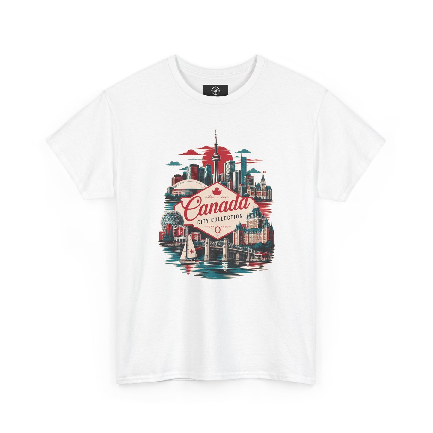 White crew-neck T-shirt with colorful Canada city skyline graphic
