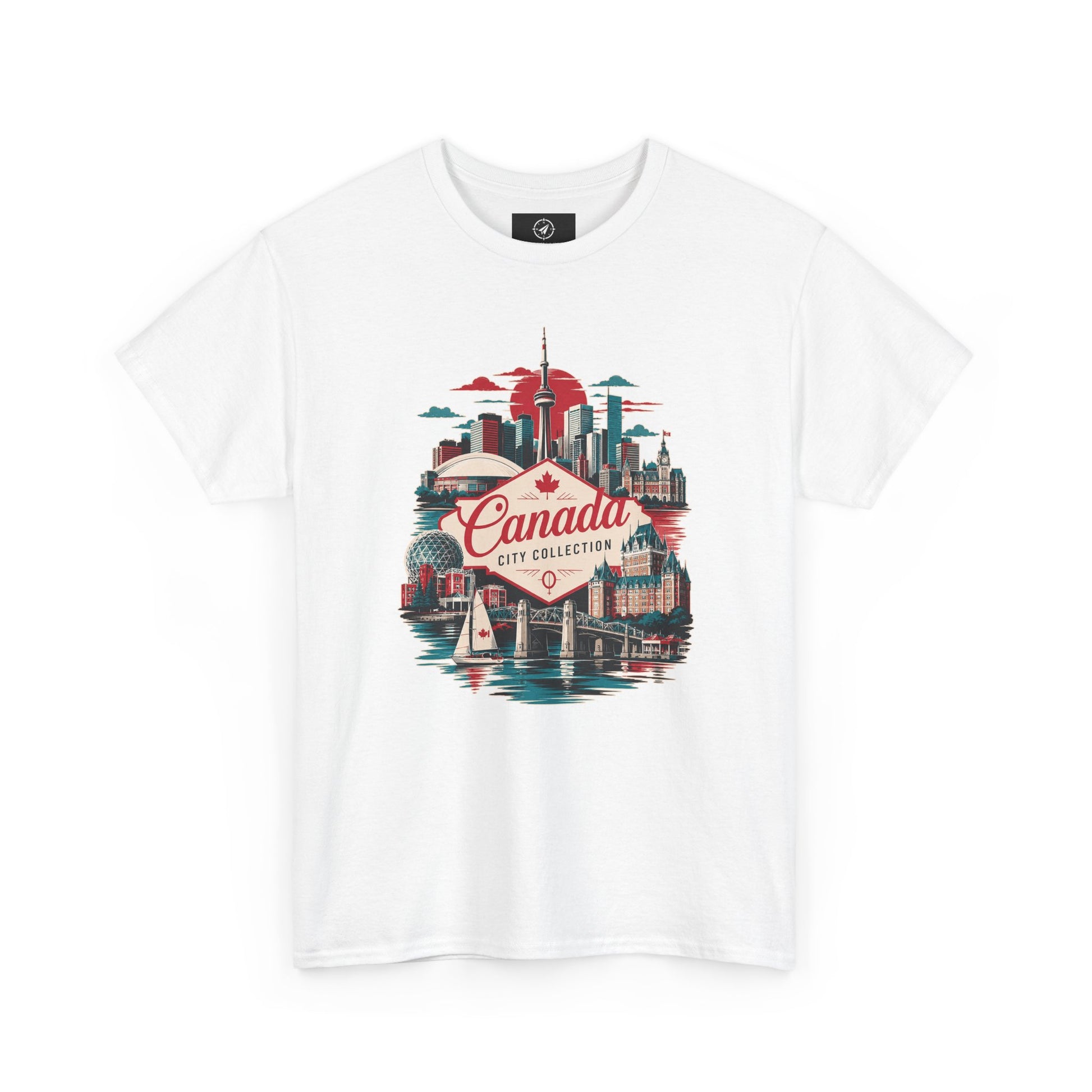 White crew-neck T-shirt with colorful Canada city skyline graphic