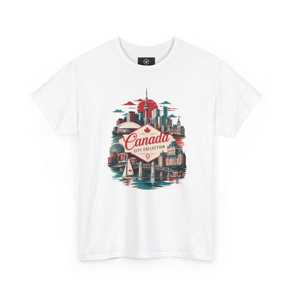 White crew-neck T-shirt with colorful Canada city skyline graphic