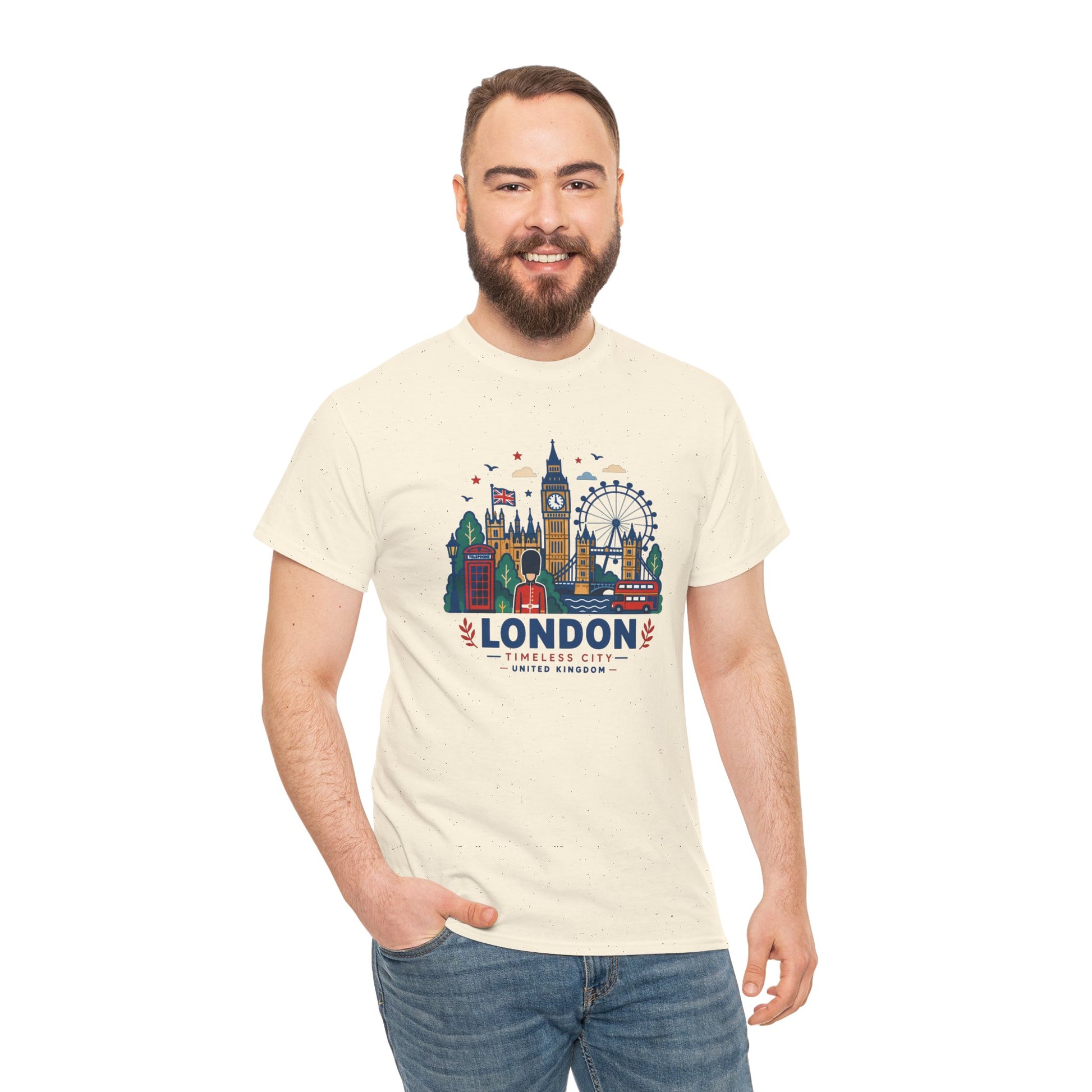 Natural crew-neck T-shirt with London skyline front print on model