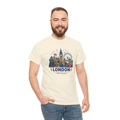 Natural crew-neck T-shirt with London skyline front print on model