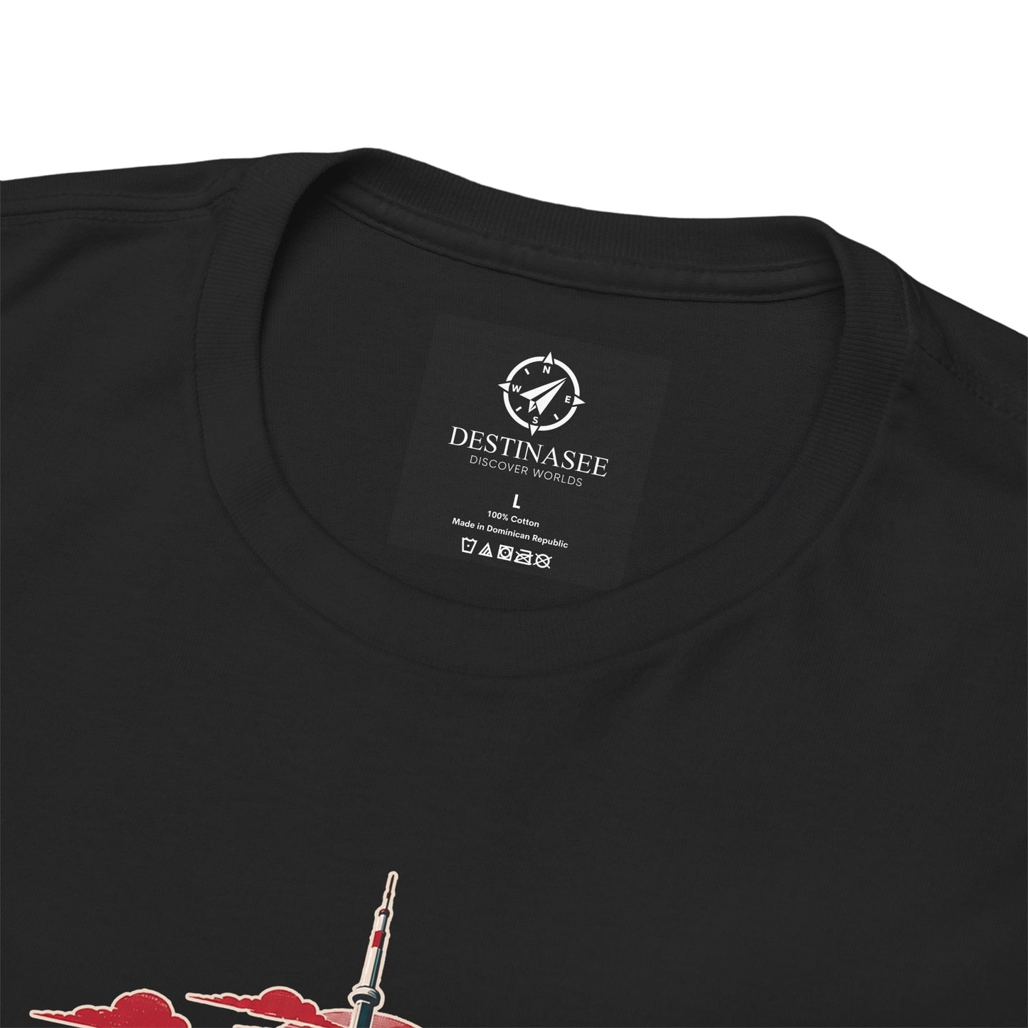 Black T-shirt close-up: Destinasee collar label and red/teal city skyline print