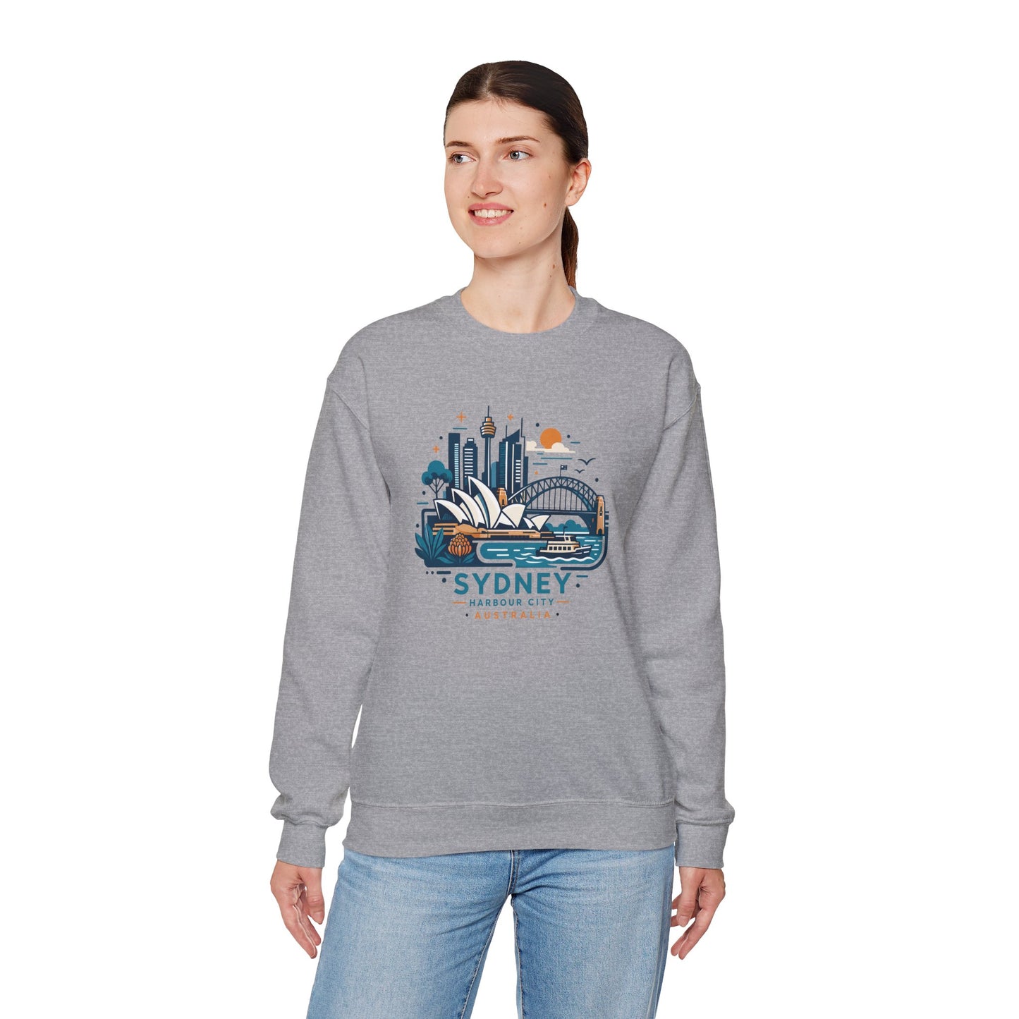 Heather gray crewneck sweatshirt with colorful Sydney harbor city graphic on chest