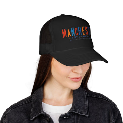 Black trucker hat with Manchester City of Music logo on the front and curved brim