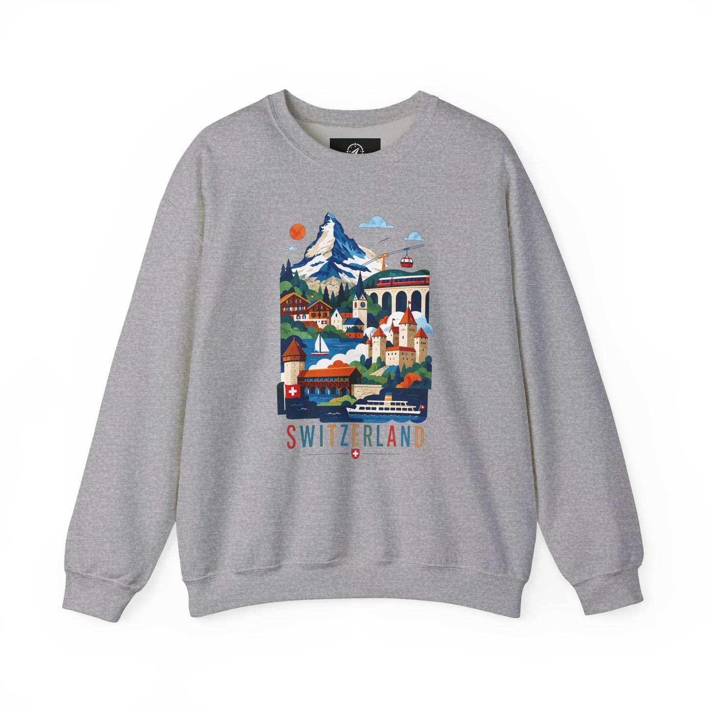 Light heather gray crewneck sweatshirt with colorful Switzerland alpine village graphic