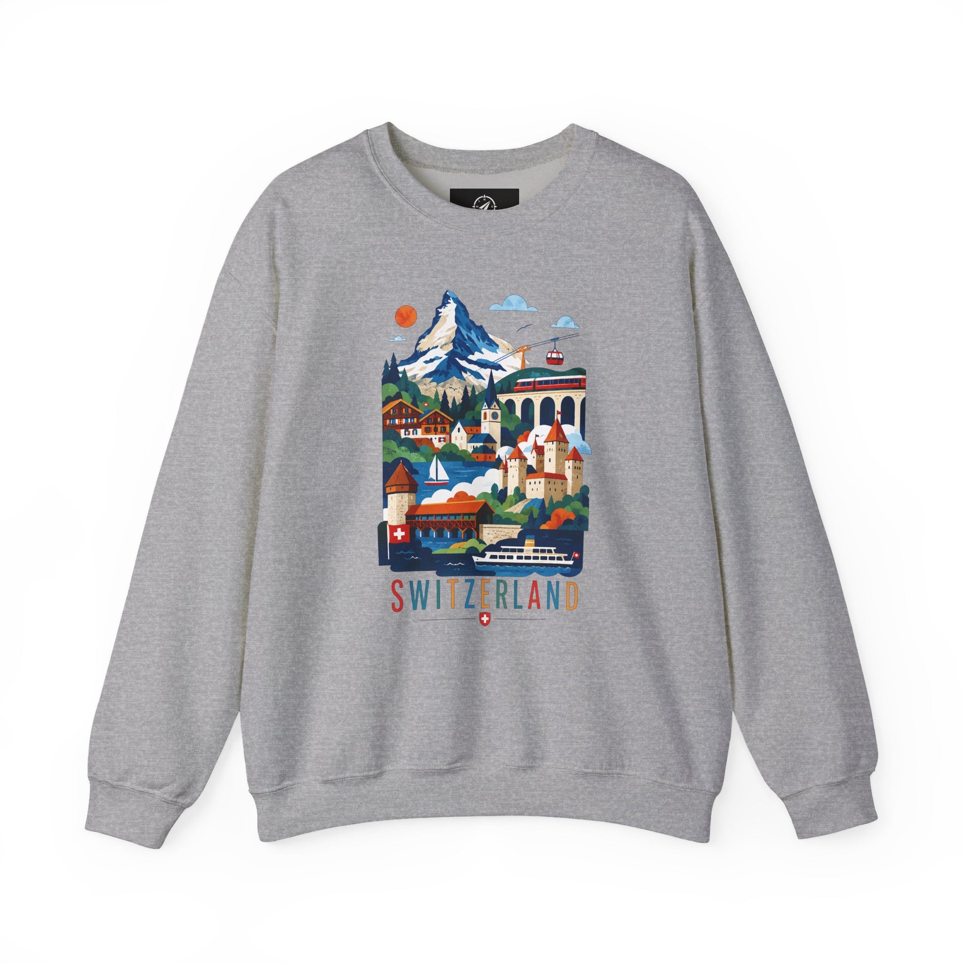 Light heather gray crewneck sweatshirt with colorful Switzerland alpine village graphic