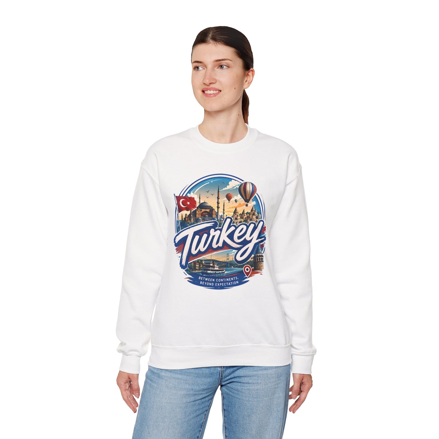 White crewneck sweatshirt with “Turkey” logo graphic on the chest, long sleeves