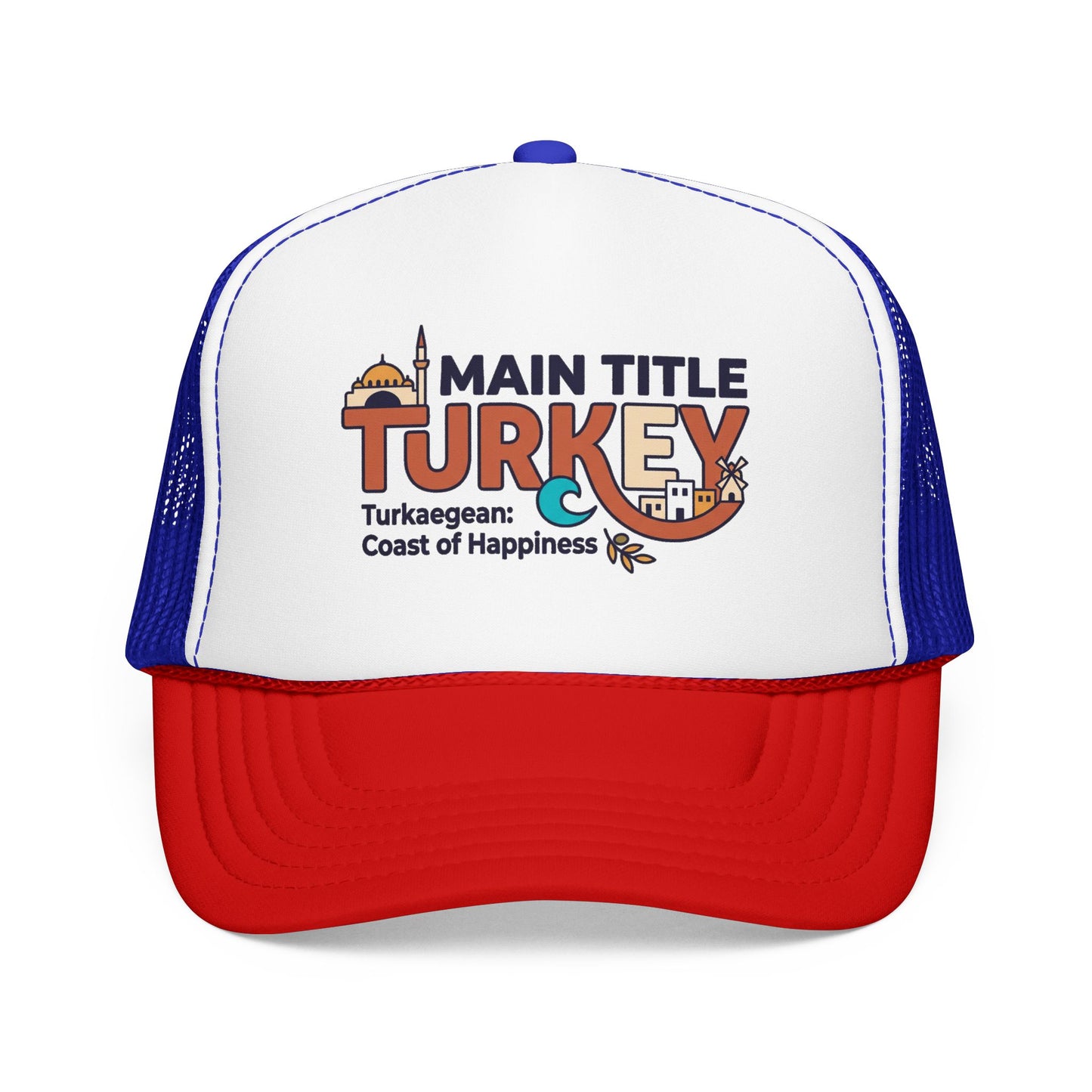 White foam trucker hat with red brim and blue mesh sides, front Turkey logo.