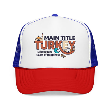 White foam trucker hat with red brim and blue mesh sides, front Turkey logo.