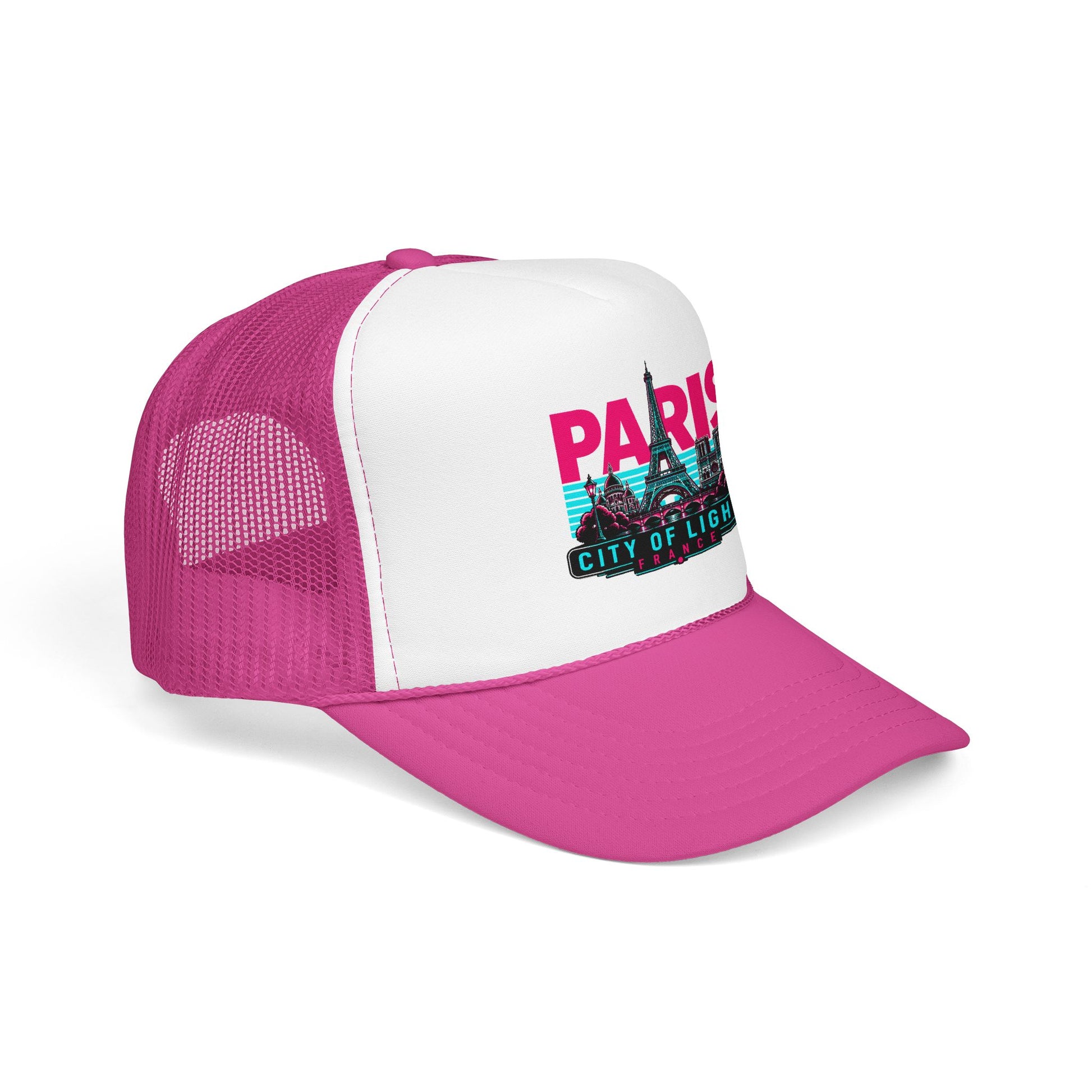 White and magenta trucker hat with mesh sides and “PARIS City of Lights” front graphic.