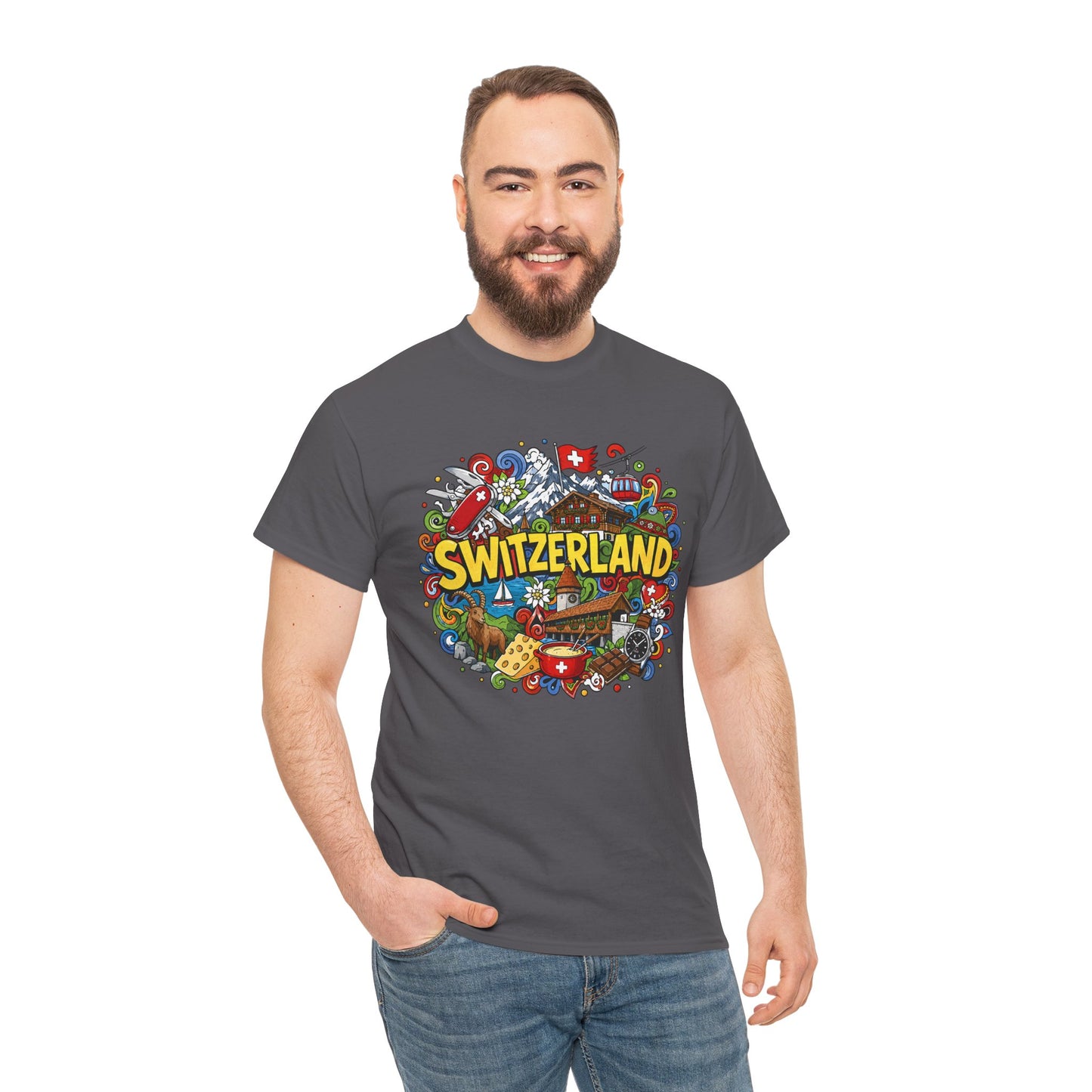Charcoal travel t-shirt with colorful Switzerland-themed front graphic
