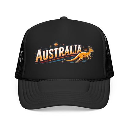 Black trucker hat with embroidered-style kangaroo logo on front; mesh side panels