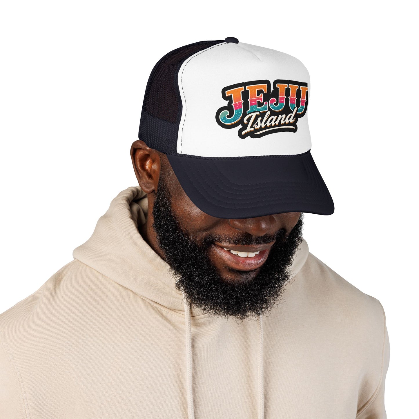 Foam trucker hat in black and white with mesh back and front logo