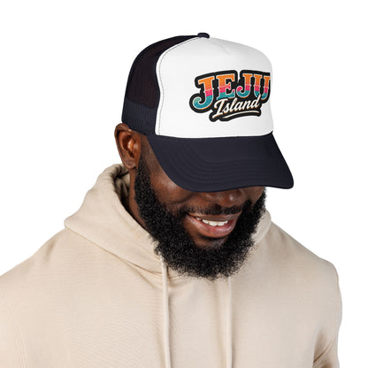 Foam trucker hat in black and white with mesh back and front logo