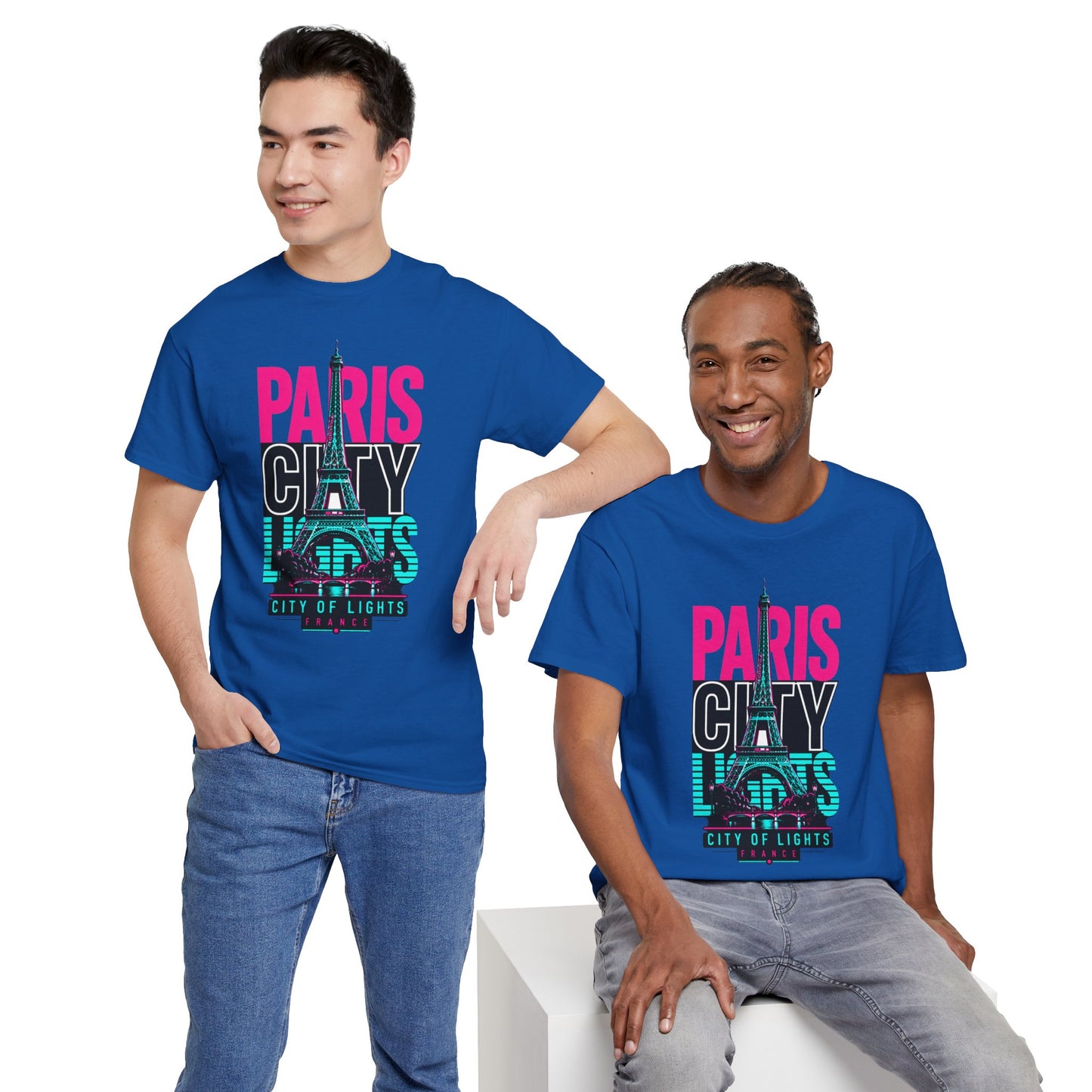 Crew-neck T-shirt, royal blue with neon-style “Paris City of Lights” Eiffel Tower graphic