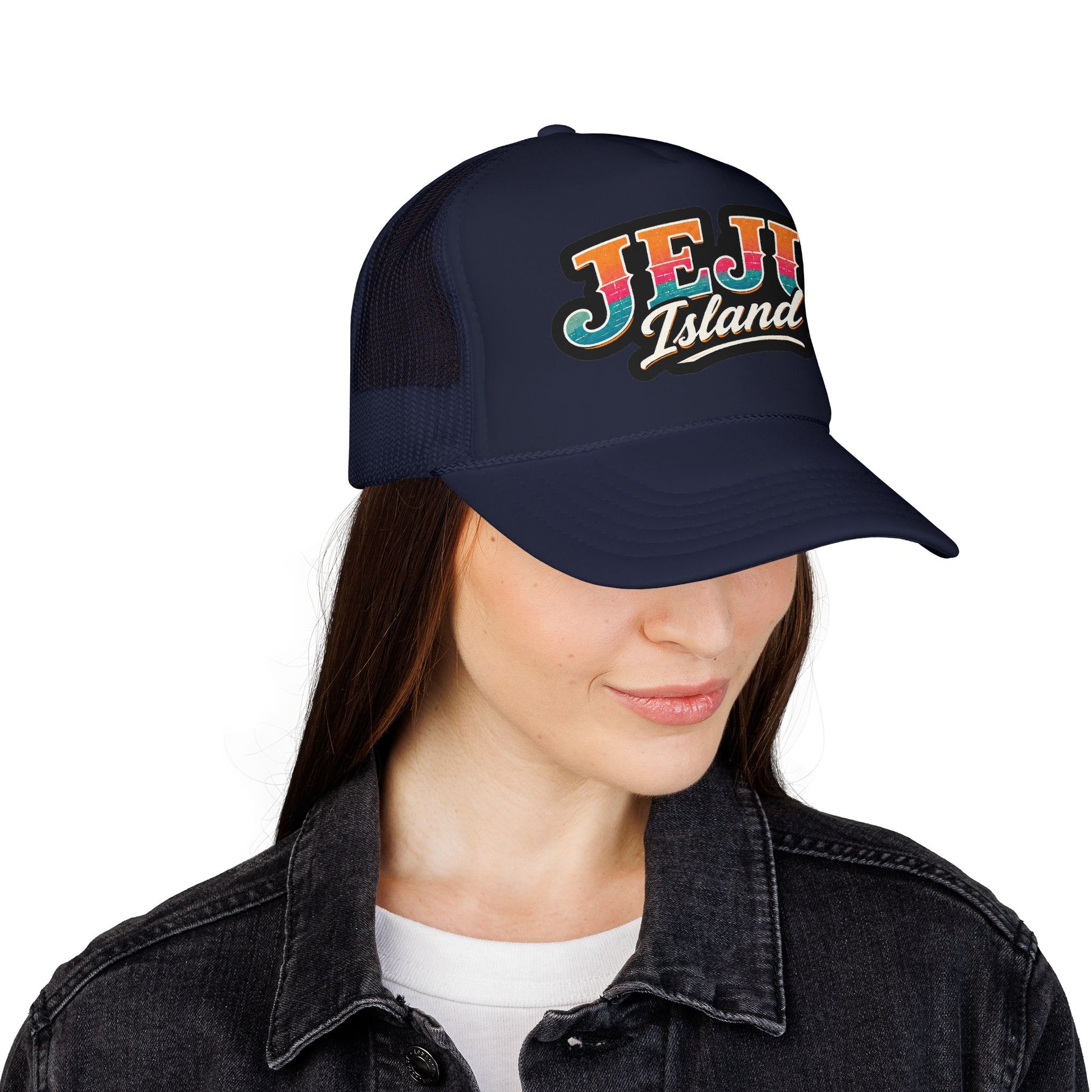 Navy foam trucker hat with front “JEJU Island” logo patch and curved brim