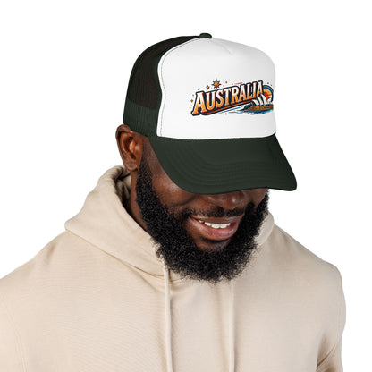 Australia logo trucker cap with white front, dark green mesh sides, curved dark brim