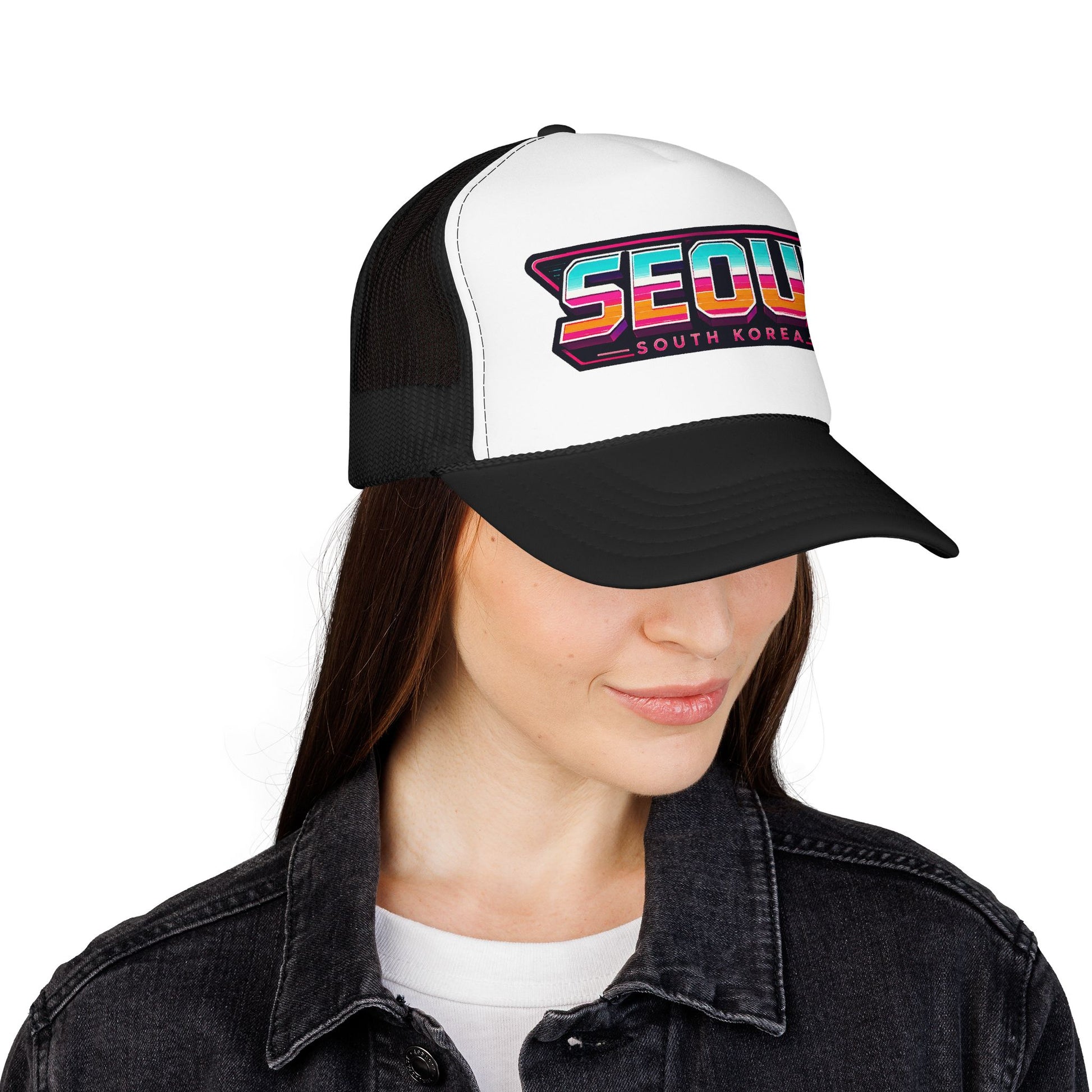 Black and white trucker hat with “SEOUL South Korea” logo patch on front panel