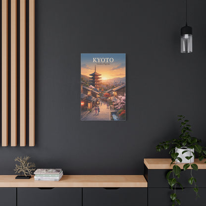 Small matte canvas print on wall with Kyoto pagoda and sunset street scene