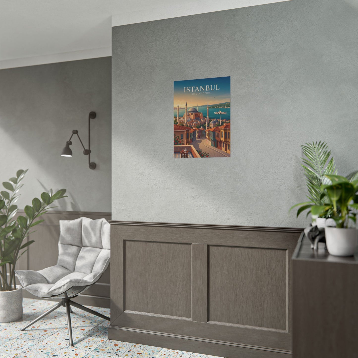 Istanbul Hagia Sophia travel poster mounted on wall above a sideboard