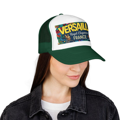 Dark green and white trucker hat with front “Versailles France” graphic patch and mesh sides