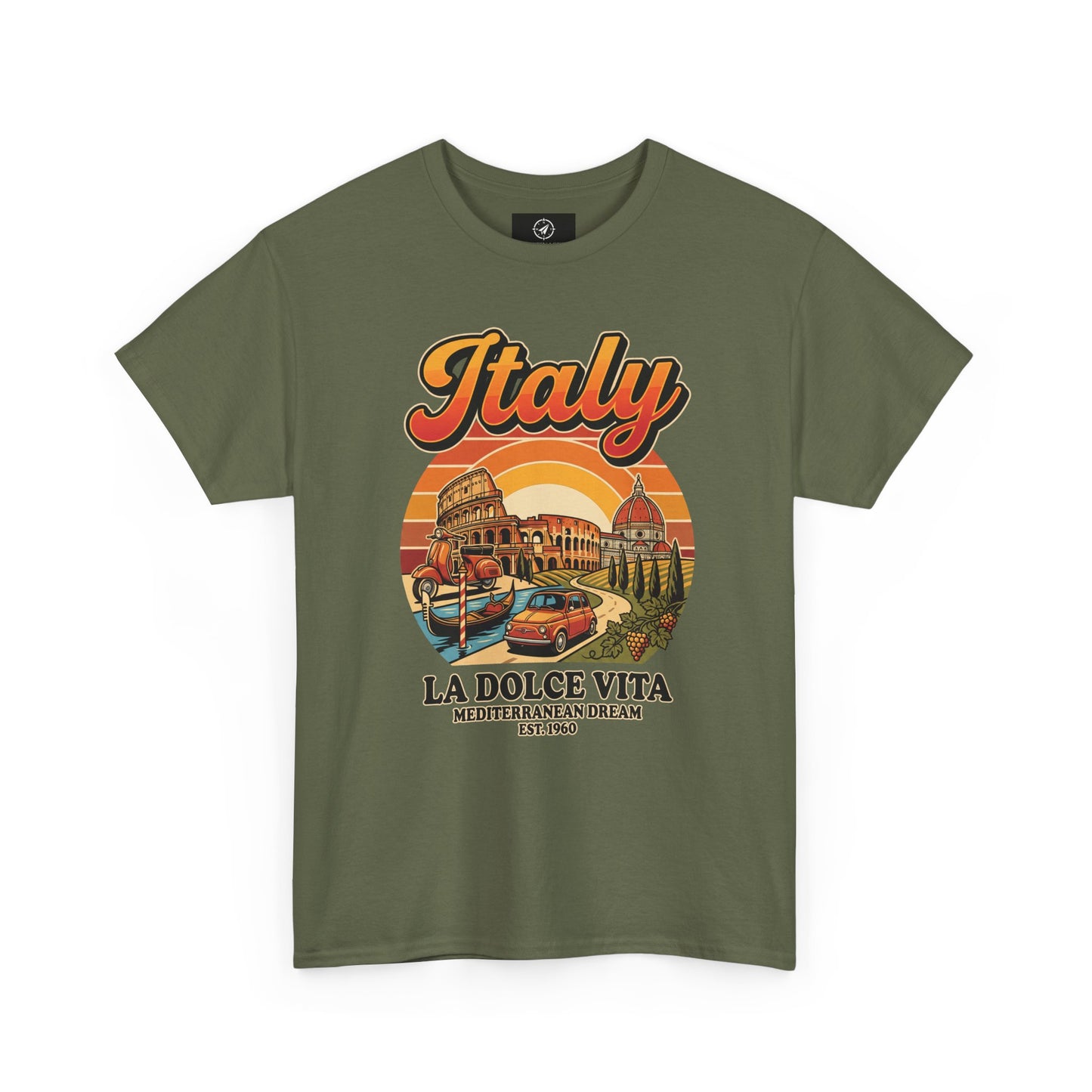 Olive green vintage T-shirt with “Italy” graphic and “La Dolce Vita” print
