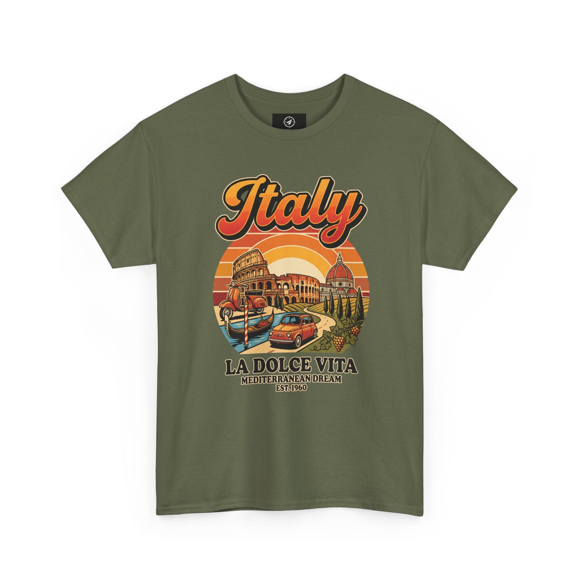 Olive green vintage T-shirt with “Italy” graphic and “La Dolce Vita” print