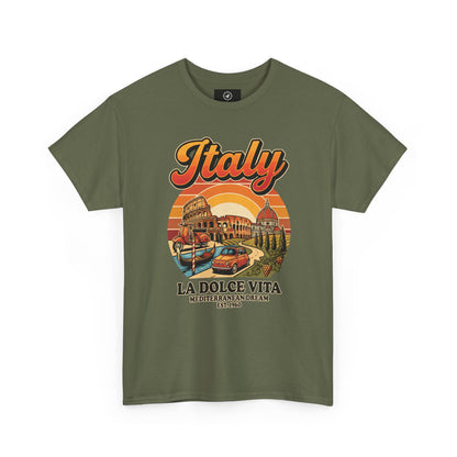 Olive green vintage T-shirt with “Italy” graphic and “La Dolce Vita” print