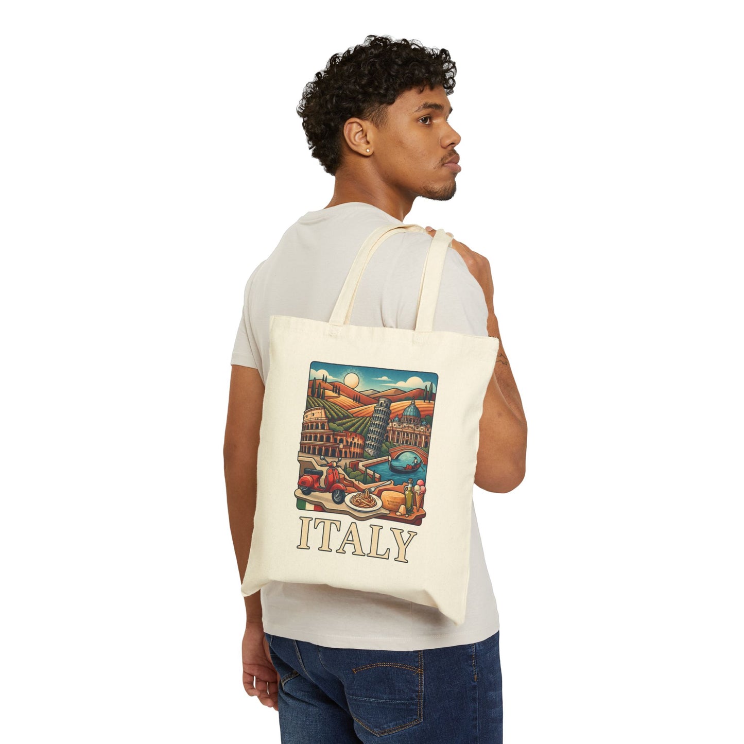 Natural canvas tote bag worn on a man’s back, with “ITALY” scenic print