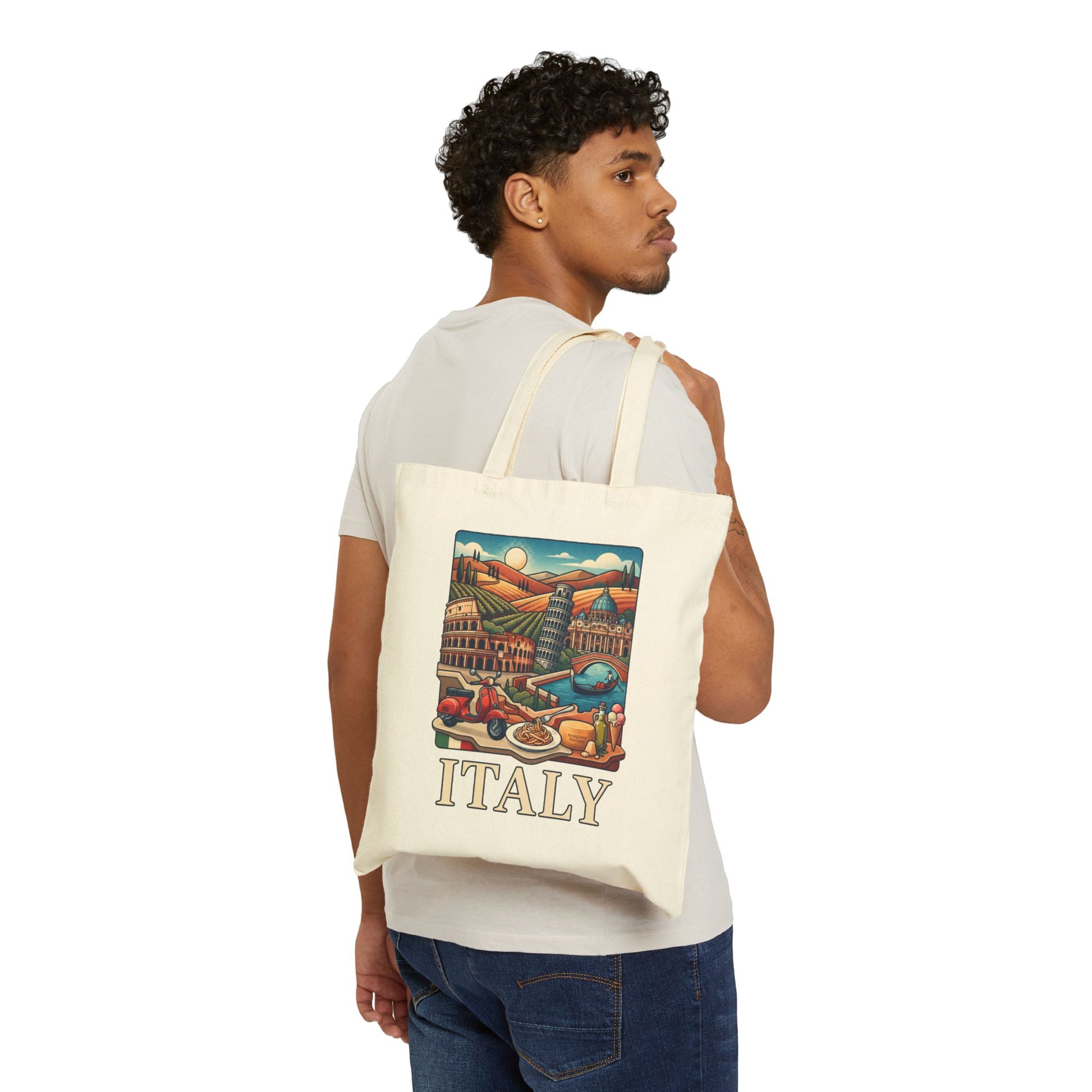 Natural canvas tote bag worn on a man’s back, with “ITALY” scenic print
