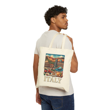 Natural canvas tote bag worn on a man’s back, with “ITALY” scenic print