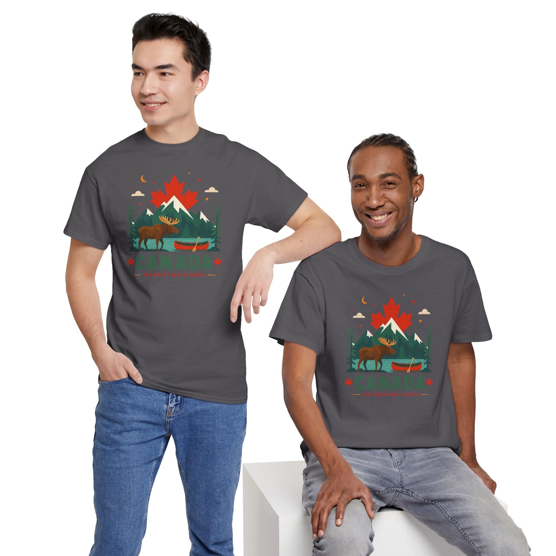 Charcoal short-sleeve T-shirt with colorful maple tree graphic and Canada text