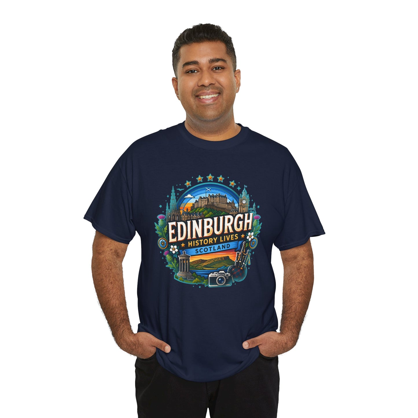 Navy travel T-shirt with front chest graphic and crew neck