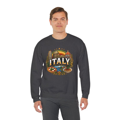 Dark heather crewneck sweatshirt with colorful “Italy” graphic on the front