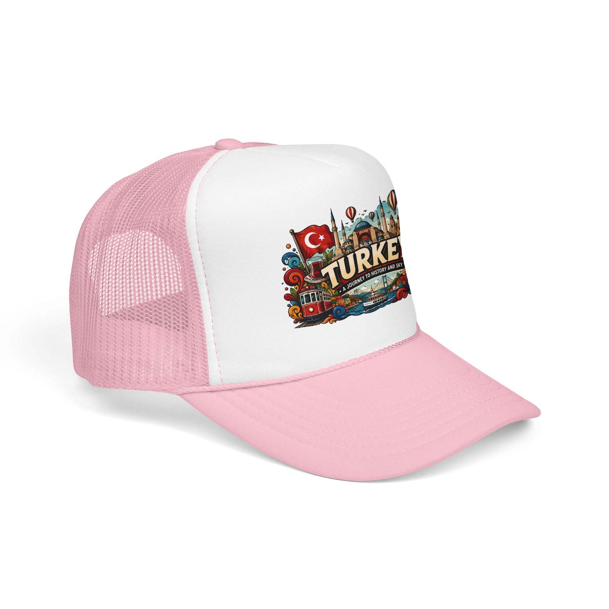 Light pink and white trucker hat with pale pink brim and printed Turkey front patch