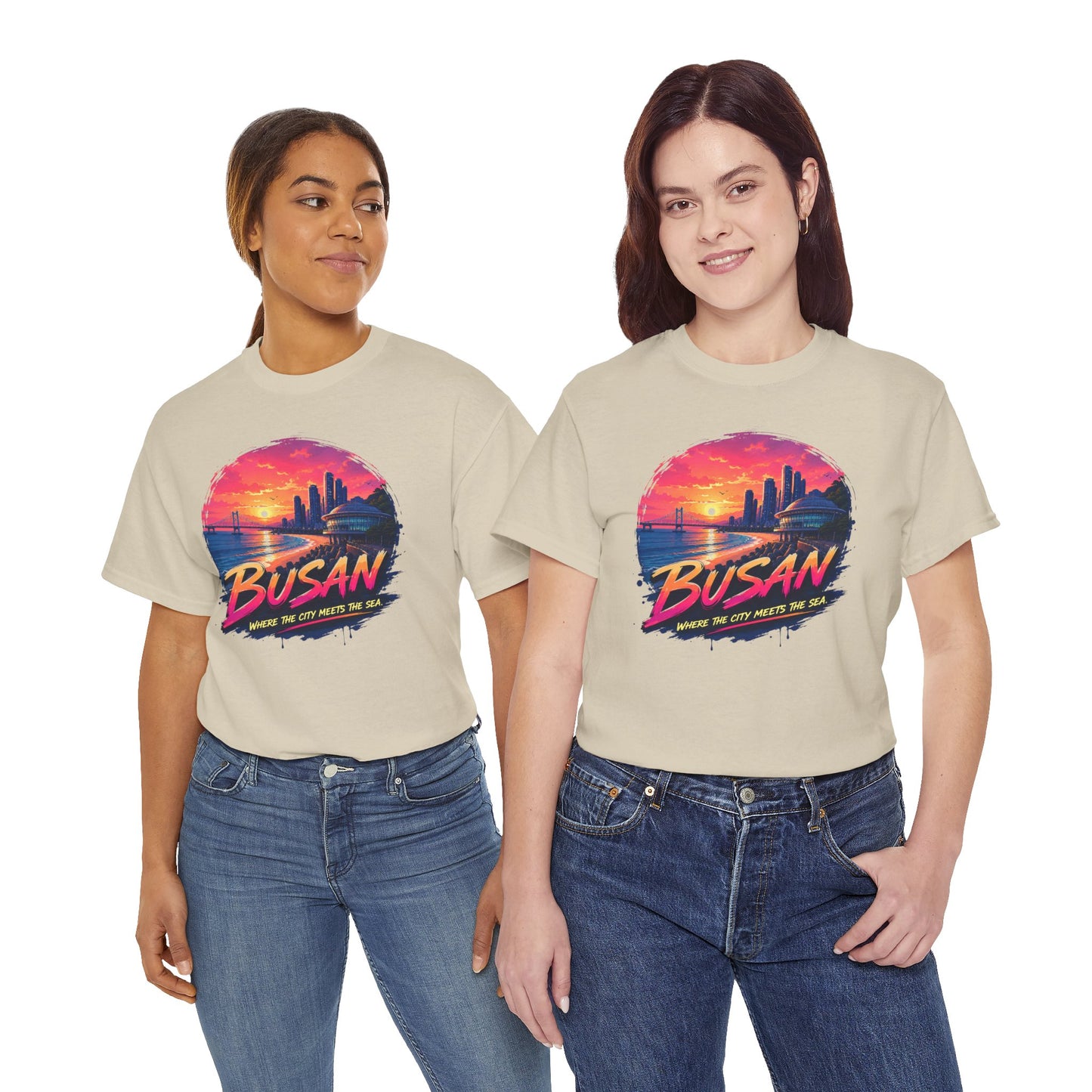Beige crewneck t-shirt with Busan sunset city graphic on front, short sleeves