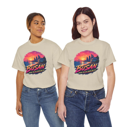 Beige crewneck t-shirt with Busan sunset city graphic on front, short sleeves