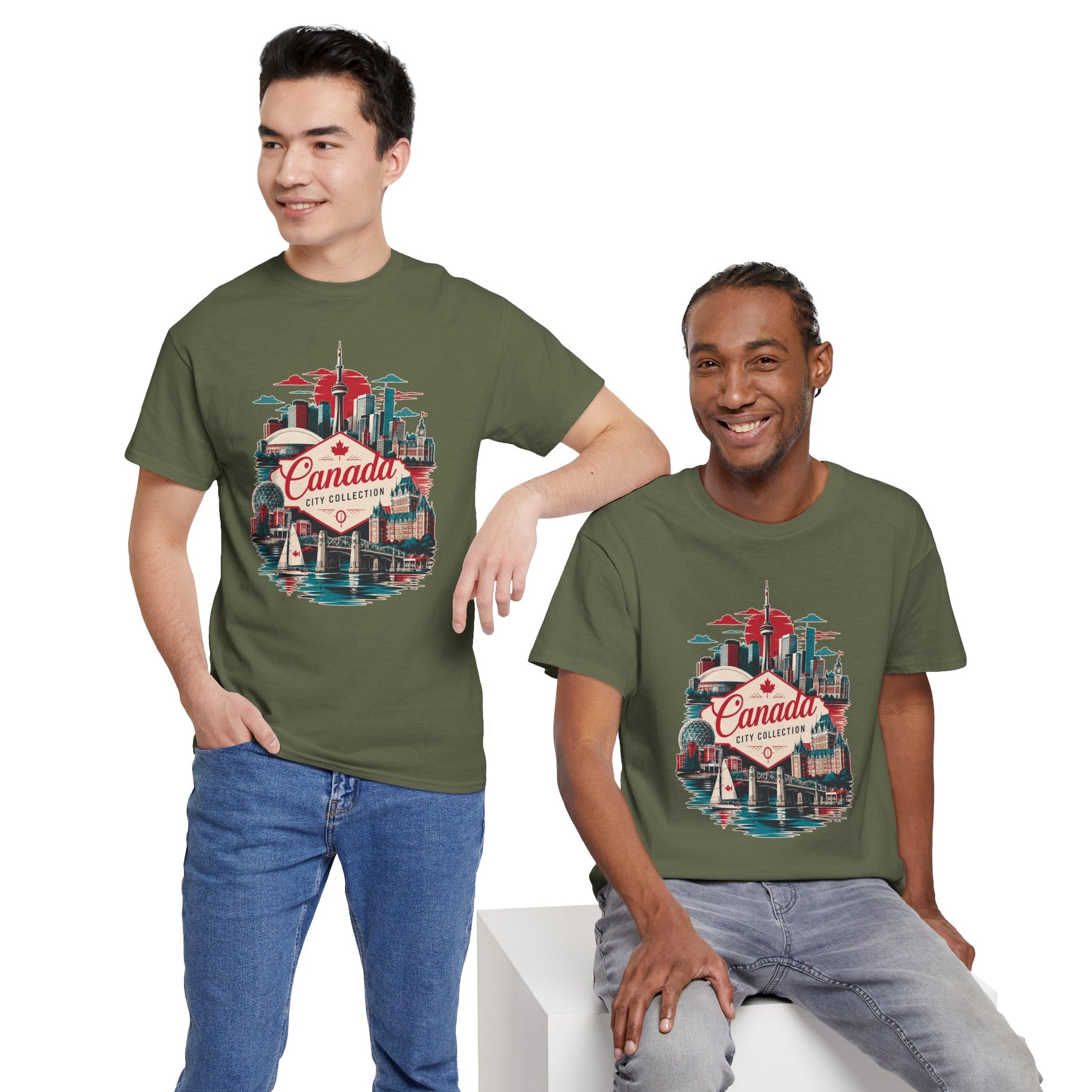 Green crewneck T-shirt with colorful “Canada” skyline graphic on the chest
