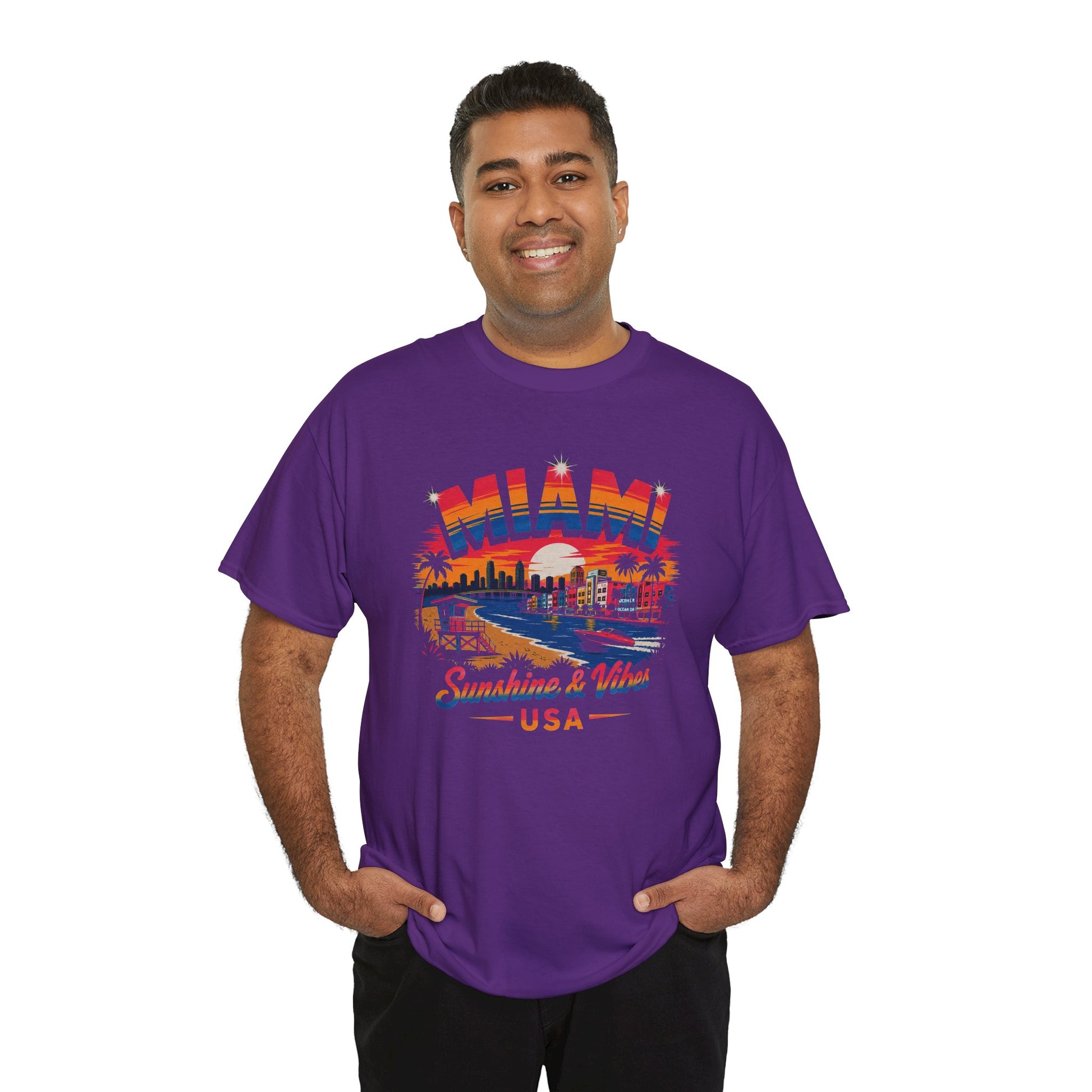 Purple T-shirt with front Miami skyline graphic and USA lettering