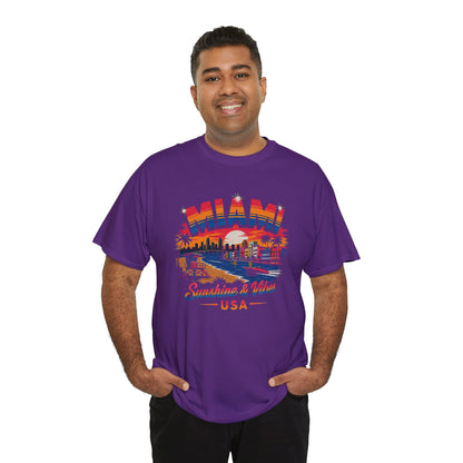 Purple T-shirt with front Miami skyline graphic and USA lettering