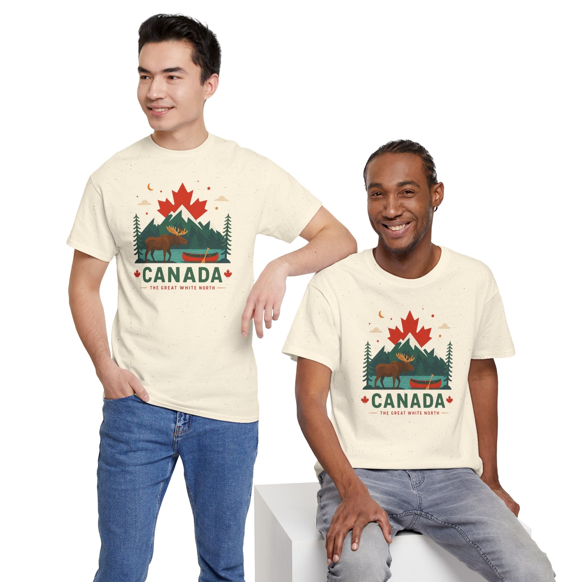 Light tan Canada camping graphic T-shirt on two models, front view