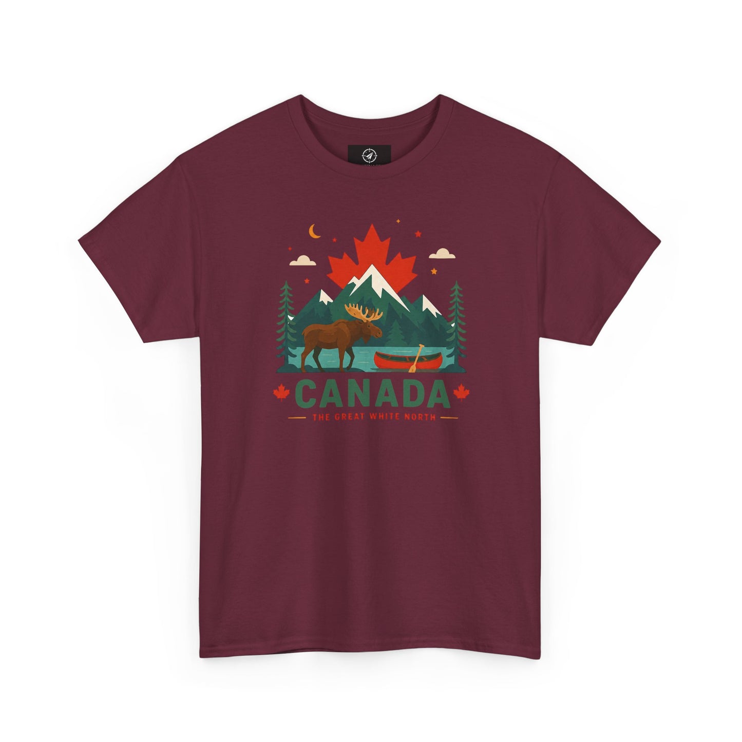 Maroon crew-neck T-shirt with Canada mountain and wildlife graphic