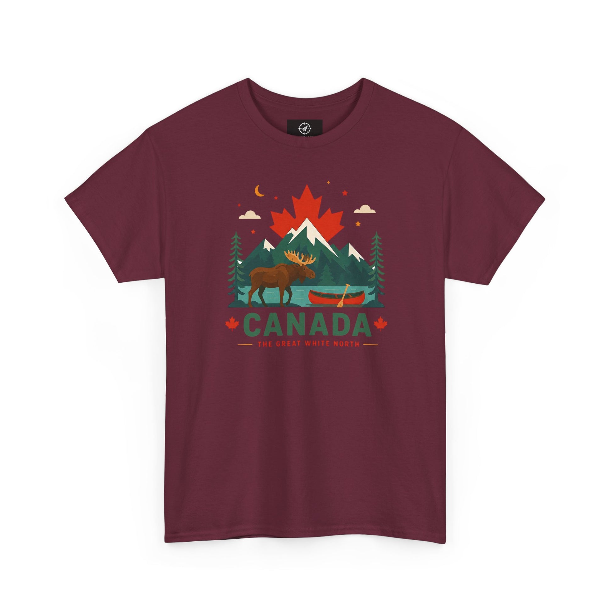 Maroon crew-neck T-shirt with Canada mountain and wildlife graphic