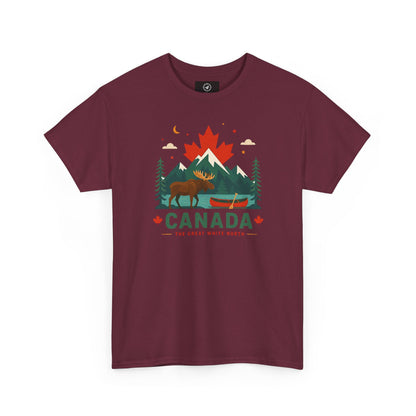 Maroon crew-neck T-shirt with Canada mountain and wildlife graphic