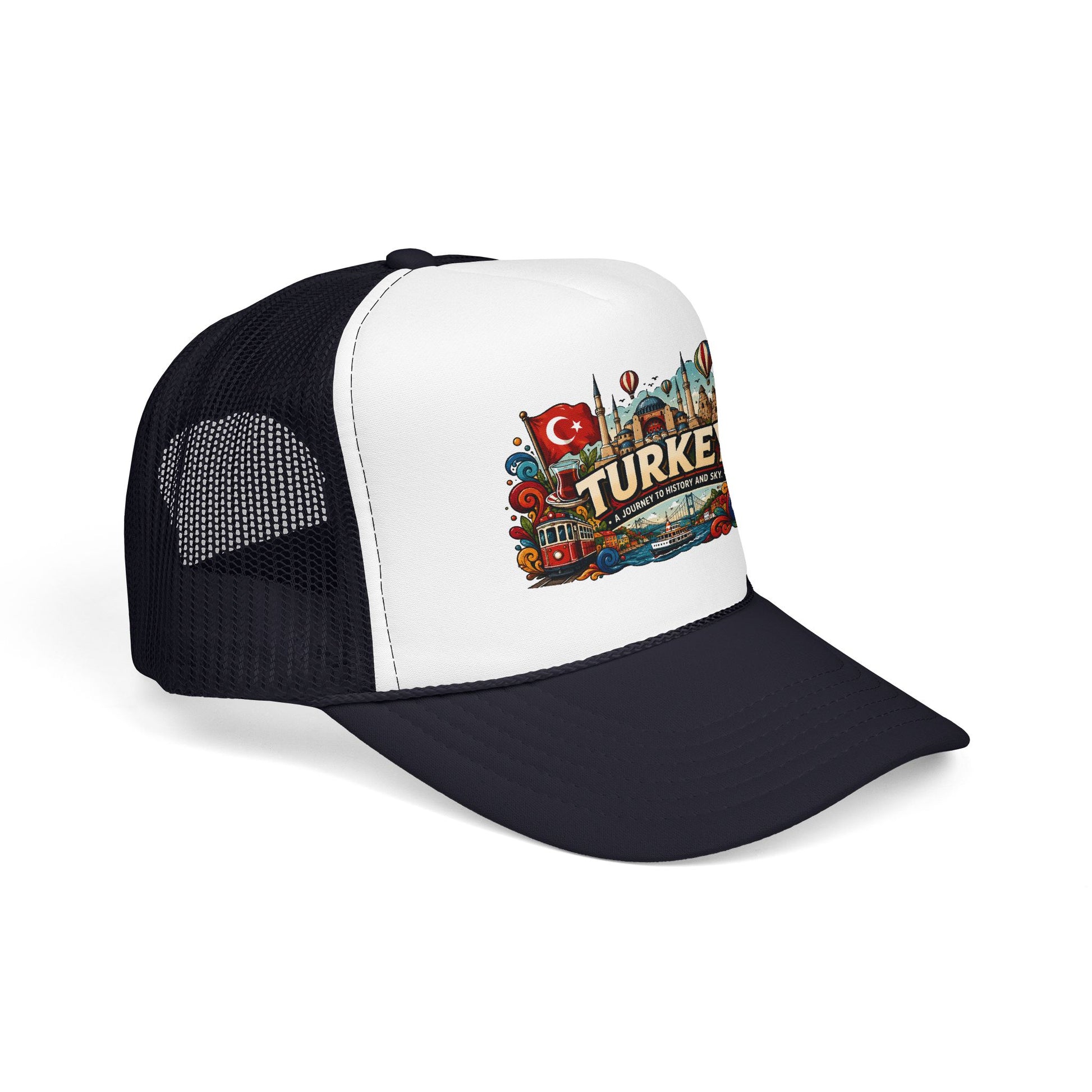 Black and white trucker hat with dark navy brim and printed Turkey front patch
