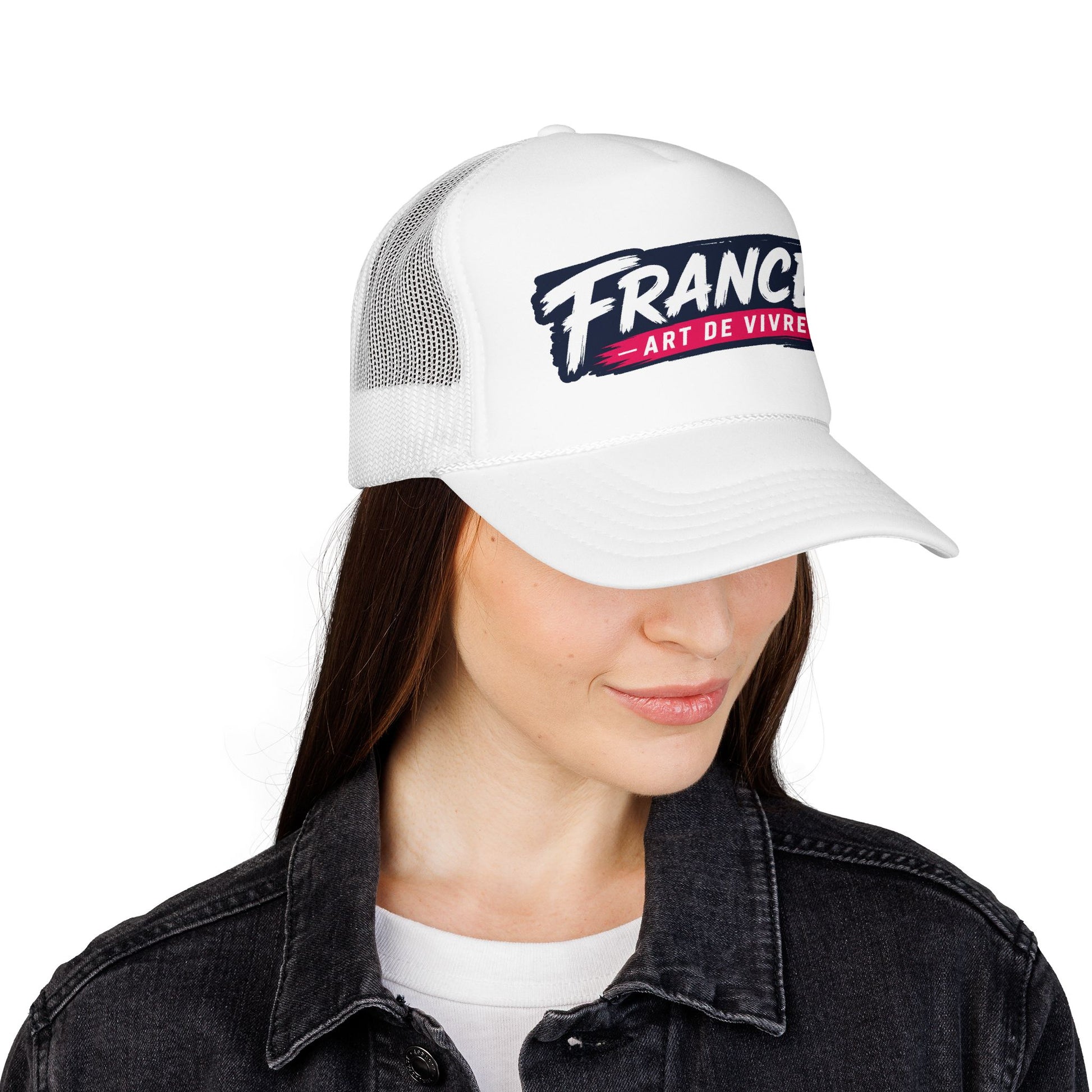 White trucker hat with “FRANCE” logo on front and breathable mesh side panels