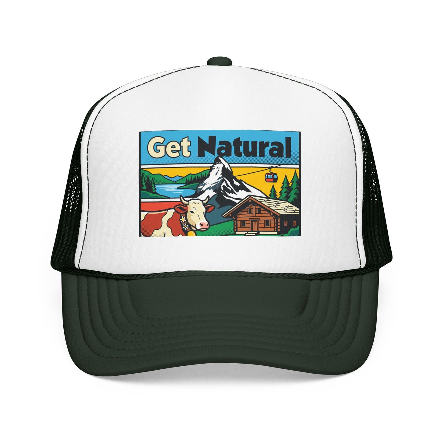 Get Natural trucker hat with Swiss landscape patch, white front and dark green mesh.