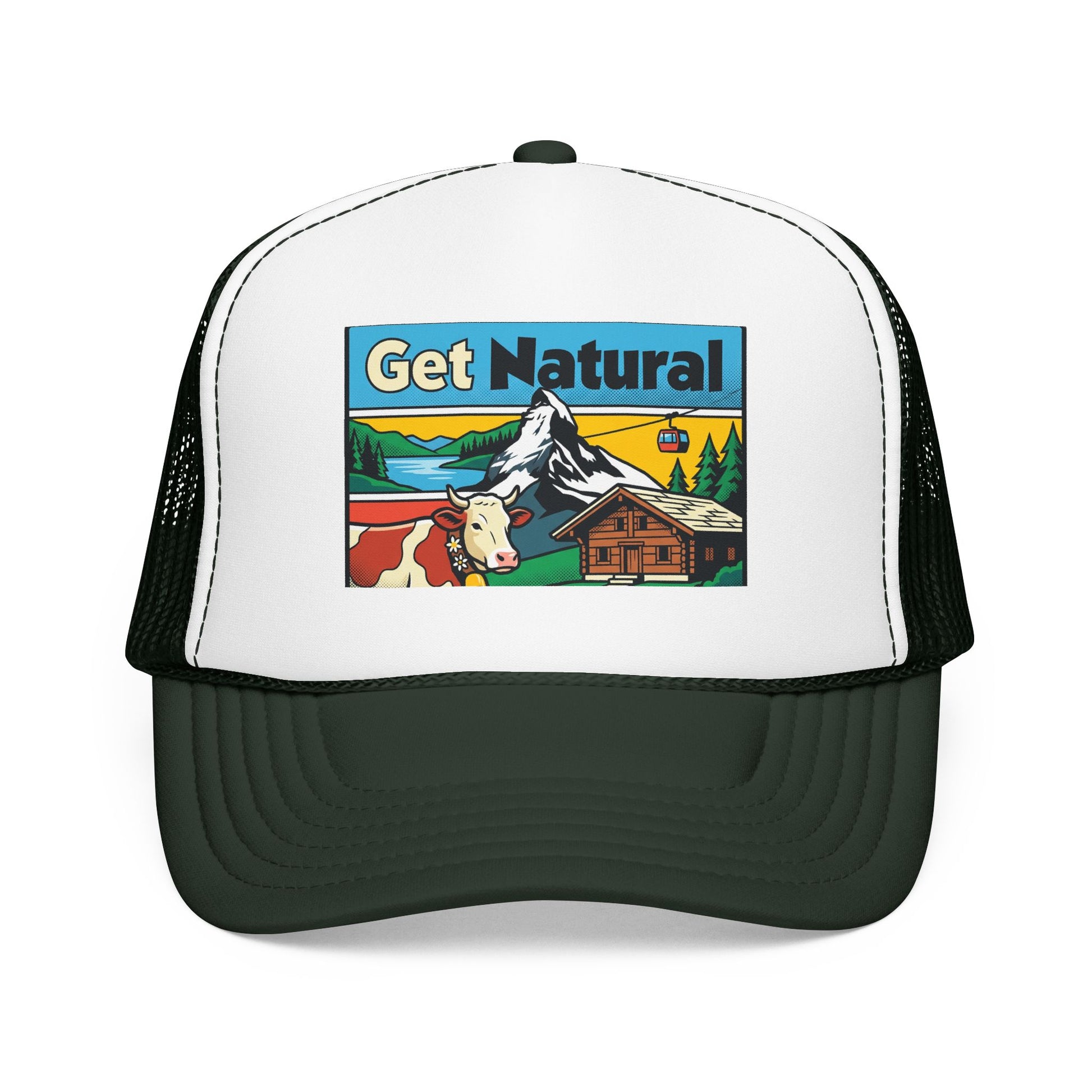 Get Natural trucker hat with Swiss landscape patch, white front and dark green mesh.