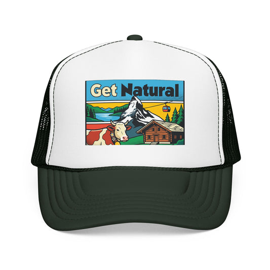 Get Natural trucker hat with Swiss landscape patch, white front and dark green mesh.