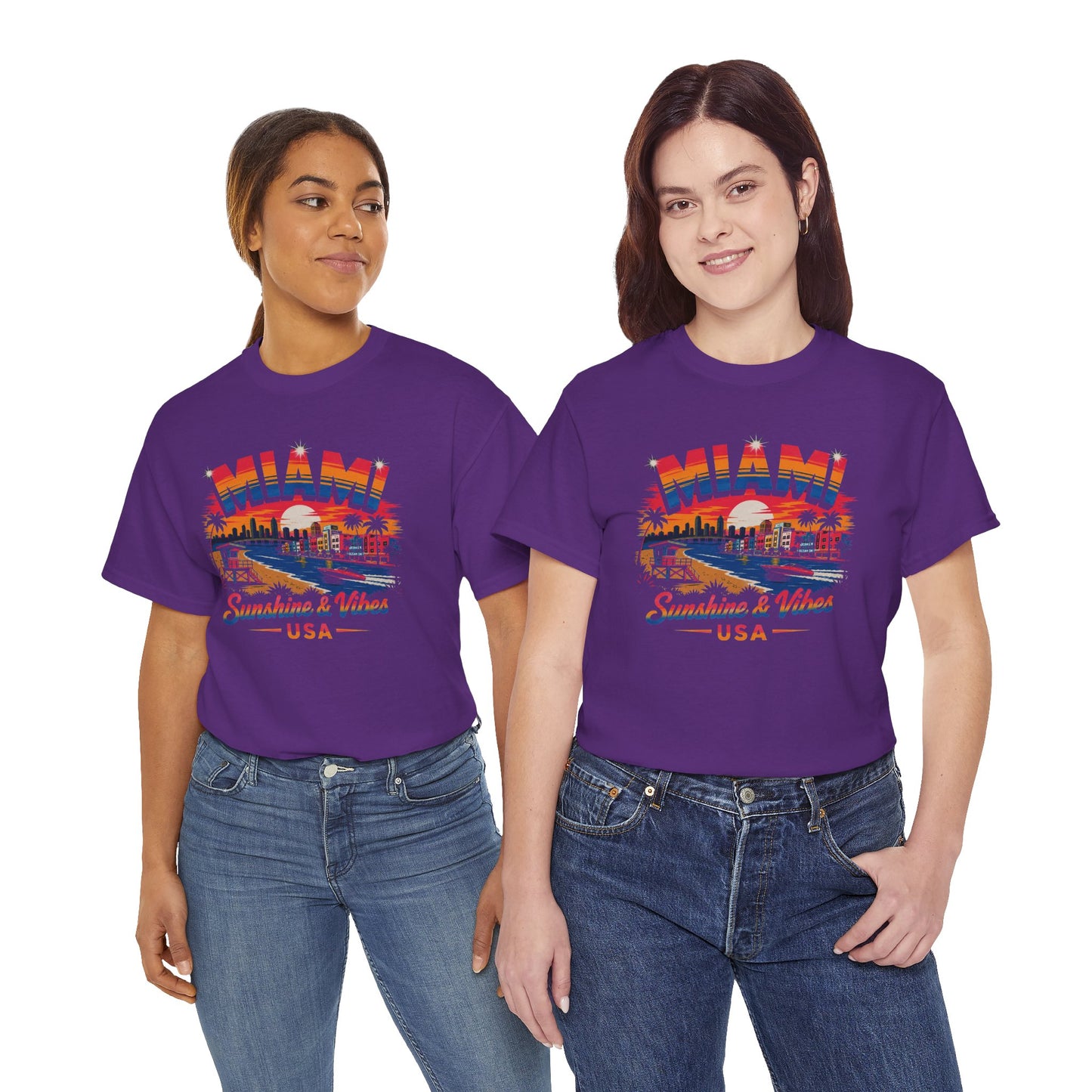 Purple Miami graphic t-shirt with front skyline print and 'USA' text
